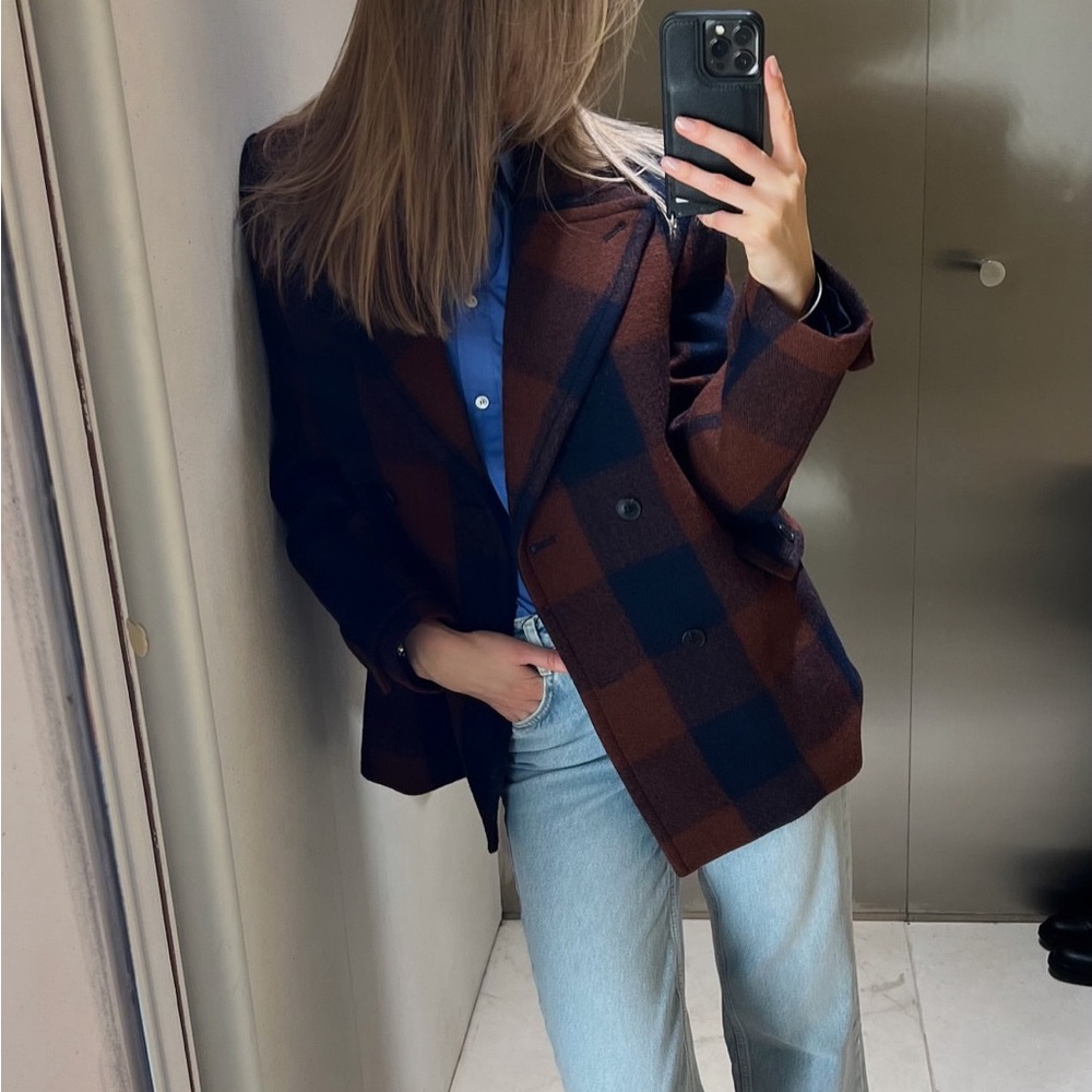 Zara Brown and Navy Check Peacoat